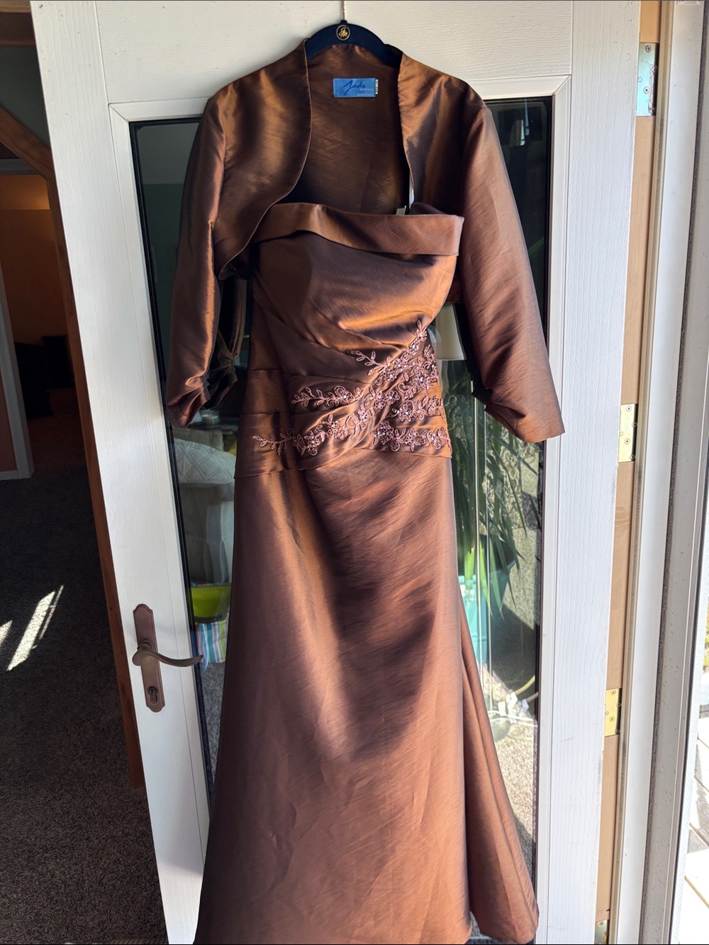 Jade Brown Satin Strapless Maxi Gown with Bolero